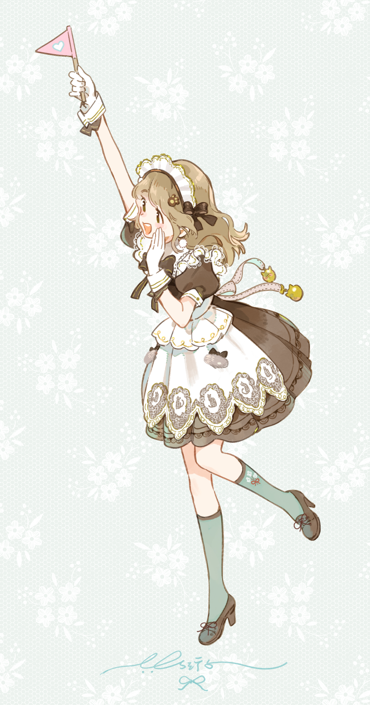 1girl absurdres apron apuaayu aqua_socks arm_up blonde_hair blunt_bangs blush_stickers bow bow_apron bowtie breezy_tea_time_(infinity_nikki) brown_bow brown_bowtie brown_dress brown_eyes brown_ribbon brown_shorts buttons chinese_commentary commentary_request dress eyelashes flag floating_clothes floral_background floral_print footwear_ribbon frilled_apron frills full_body gloves grey_background hair_bow hand_on_own_cheek hand_on_own_face happy heart high_heels highres holding holding_flag infinity_nikki kneehighs long_hair looking_ahead maid maid_headdress medium_dress nikki_(series) open_mouth paw_hair_ornament pleated_dress pocket puffy_short_sleeves puffy_sleeves pumps ribbon ribbon_legwear short_sleeves shorts sidelocks signature smile socks solo standing tareme teeth upper_teeth_only white_apron white_gloves white_sleeve_cuffs wrist_bow