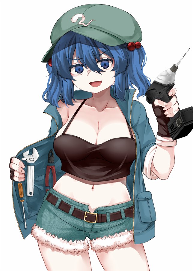1girl belt black_belt black_tank_top blue_eyes blue_hair blue_shorts breasts cleavage collarbone commentary_request contrapposto cowboy_shot drill flat_cap green_hat hair_bobbles hair_ornament hat jacket kawashiro_nitori large_breasts long_sleeves midriff navel open_clothes open_jacket screwdriver shorts simple_background sleeves_rolled_up solo spaghetti_strap stomach tank_top tools touhou two_side_up white_background wrench zetsumame