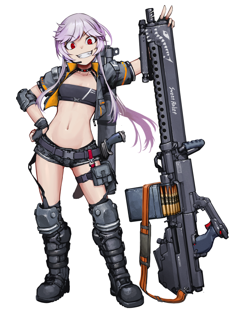 1girl ammunition ammunition_belt ammunition_box anti-materiel_cartridge belt belt_pouch black_gloves black_tube_top boots breasts camouflage camouflage_shorts dairoku_ryouhei elbow_pads english_text fingerless_gloves full_body gloves grey_boots grey_jacket gun hand_on_own_hip headset hetza_(hellshock) jacket knife long_hair looking_at_viewer machine_gun navel nose_art pink_hair pouch red_eyes rifle_cartridge shark_nose_art sheath sheathed short_shorts shorts sidelocks small_breasts smile solo standing strapless teeth transparent_background tube_top v weapon