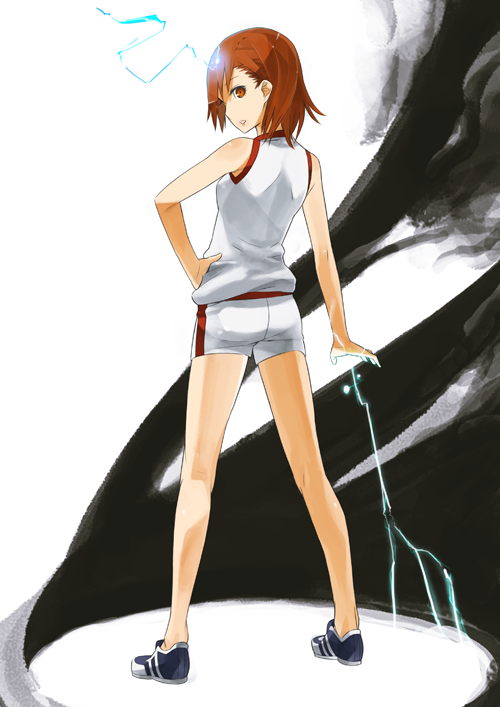 biribiri brown_eyes brown_hair electricity electrokinesis fantasy gajuumaru glowing gym_uniform misaka_mikoto no_socks psychic science_fiction shorts solo toaru_kagaku_no_railgun toaru_kagaku_no_railgun_t toaru_majutsu_no_index