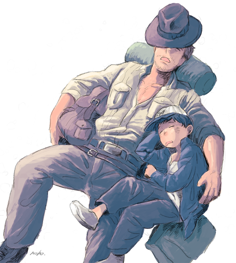 2boys age_difference bag beard belt brown_belt brown_headwear brown_pants child closed_eyes facial_hair fedora hat indiana_jones indiana_jones_(series) indiana_jones_and_the_temple_of_doom matsuri6373 multiple_boys open_mouth pants short_round simple_background sleeping white_background