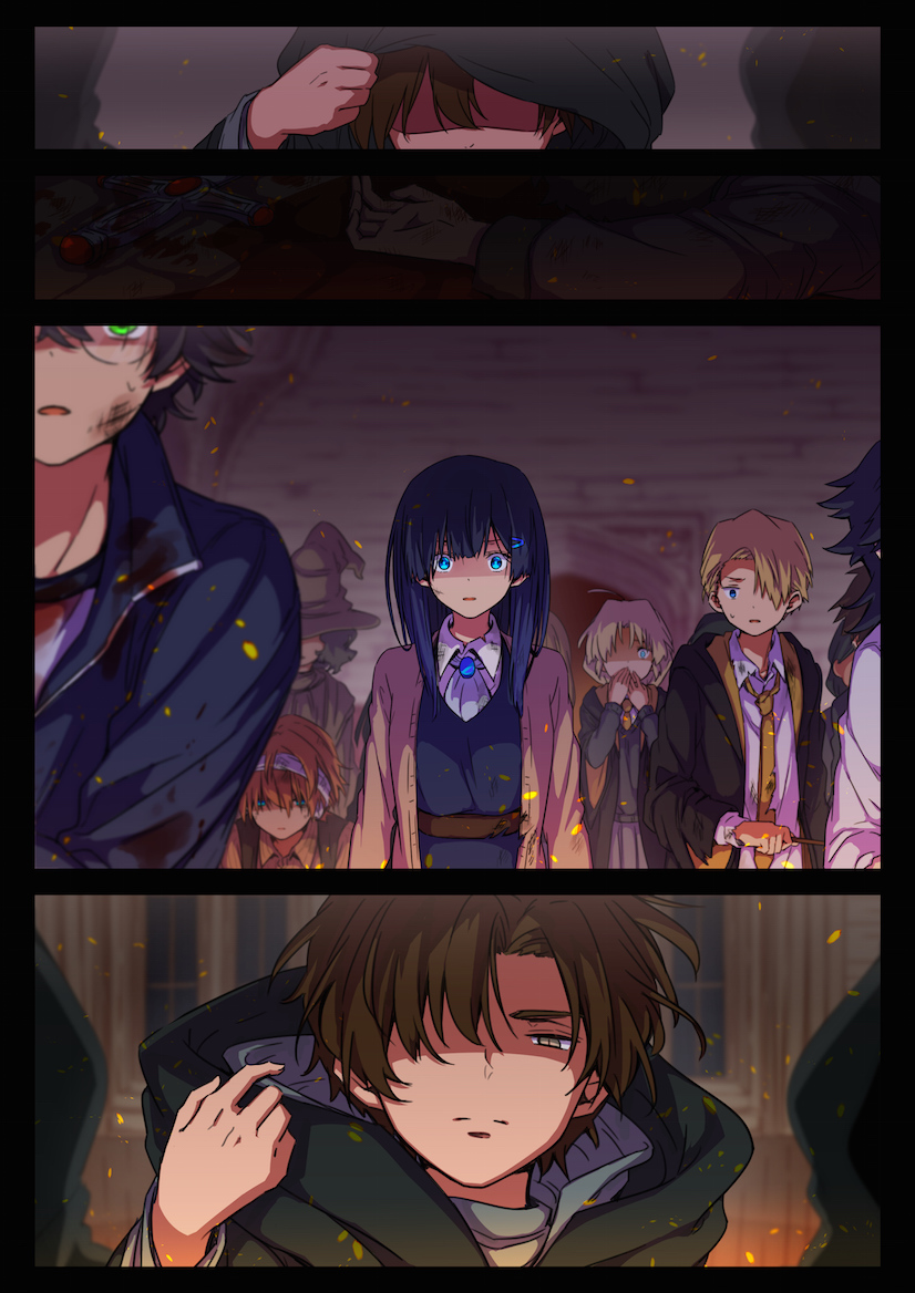 3boys 4girls black_hair black_robe brown_hair cedric_diggory cho_chang ernie_macmillan george_weasley hair_over_one_eye hannah_abbott harry_potter harry_potter_(series) harry_potter_and_the_cursed_child hogwarts_school_uniform kapirusu long_hair multiple_boys multiple_girls robe school_uniform short_hair wizarding_world