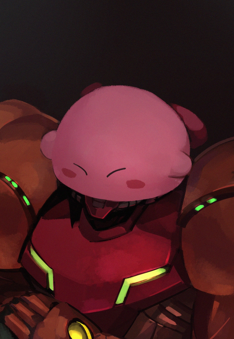 1girl 33dot armor black_background closed_eyes full_armor highres kirby kirby_(series) metroid mouthful_mode nintendo power_armor power_suit power_suit_(metroid) samus_aran science_fiction