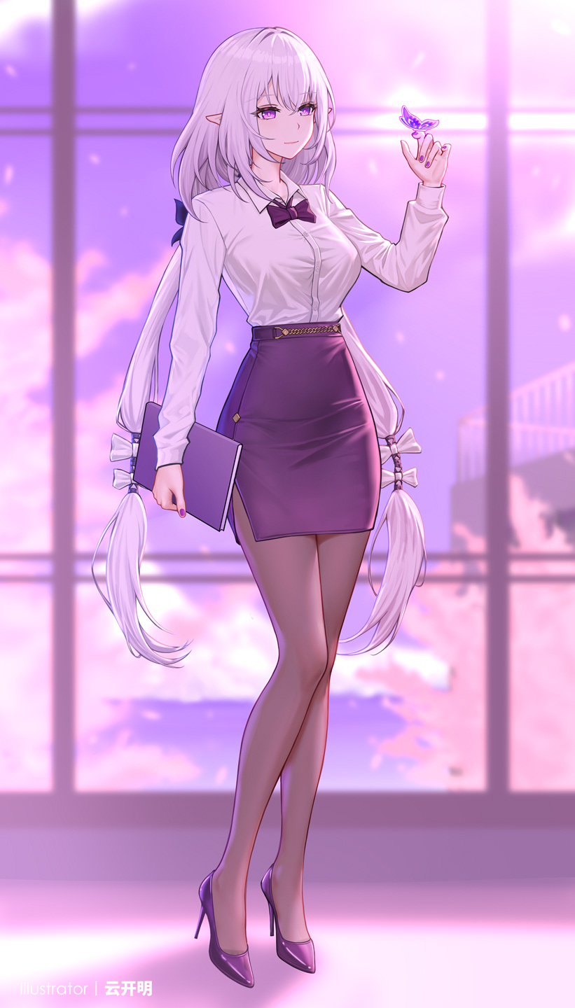 1girl alternate_costume artist_name blurry blurry_background book bow bowtie breasts bug butterfly butterfly_on_hand castorice_(honkai:_star_rail) closed_mouth collared_shirt commentary full_body grey_pantyhose hand_up hashtag-only_commentary high_heels highres holding holding_book honkai:_star_rail honkai_(series) indoors insect large_breasts long_hair long_sleeves nail_polish office_lady paid_reward_available pantyhose pencil_skirt pointy_ears purple_bow purple_bowtie purple_butterfly purple_eyes purple_hair purple_nails purple_pupils purple_shoes purple_skirt shirt shoes sidelocks skirt smile solo standing very_long_hair white_shirt yunkaiming