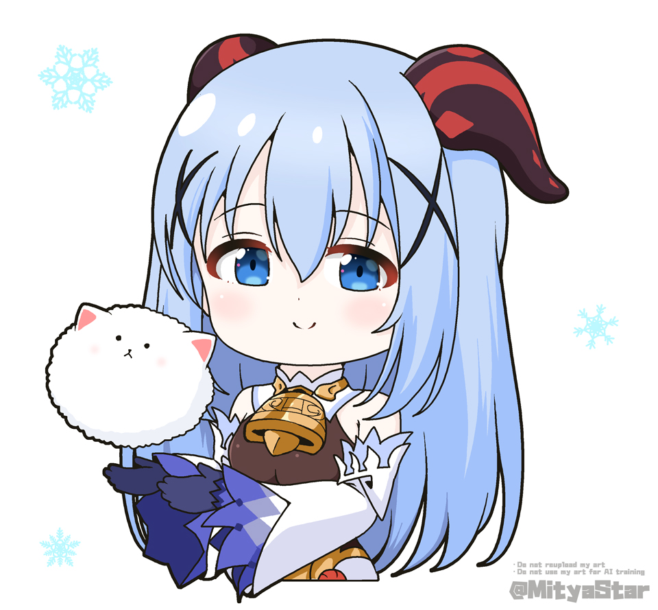 1girl angora_rabbit bare_shoulders bell black_gloves blue_eyes blue_hair blush bodystocking chibi closed_mouth commentary_request cosplay cropped_torso detached_sleeves ganyu_(genshin_impact) ganyu_(genshin_impact)_(cosplay) genshin_impact gloves gochuumon_wa_usagi_desu_ka? hair_between_eyes hair_ornament horns kafuu_chino light_blue_hair long_hair long_sleeves mitya rabbit simple_background sleeves_past_wrists smile snowflake_background tippy_(gochiusa) twitter_username upper_body very_long_hair white_background white_sleeves wide_sleeves x_hair_ornament