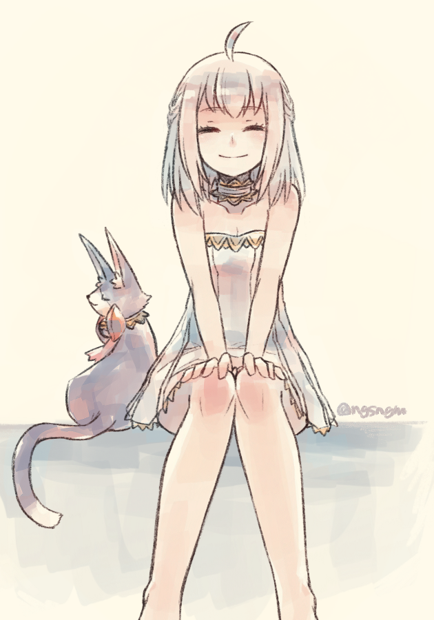 1girl ahoge bare_shoulders breasts cat choker cleavage closed_mouth closed_eyes final_fantasy final_fantasy_crystal_chronicles final_fantasy_crystal_chronicles:_echoes_of_time knees_together_feet_apart long_hair sherlotta silver_hair simple_background sitting smile solo strapless sunagimo_(nagimo) twitter_username
