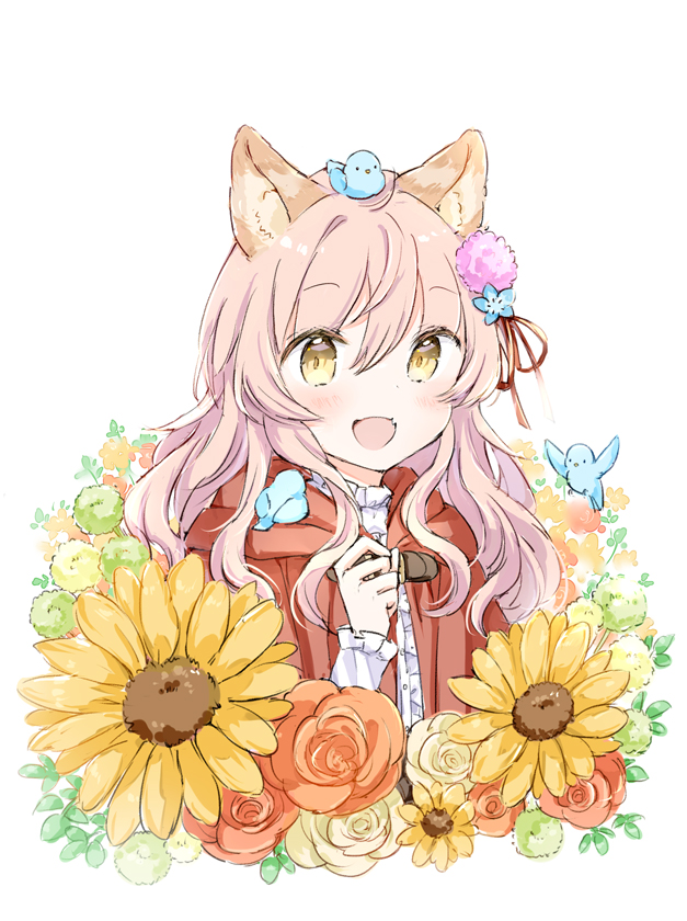 1girl :d animal animal_ear_fluff animal_ears animal_on_head bird bird_on_head blue_flower brown_eyes capelet center_frills commentary_request flower frills hair_between_eyes hair_flower hair_ornament hair_ribbon hand_up hood hood_down hooded_capelet long_sleeves on_head open_mouth original pink_flower pink_hair red_capelet red_flower red_ribbon red_rose ribbon rose shirt simple_background sleeves_past_wrists smile solo sunflower upper_body wataame27 white_background white_shirt wolf-chan_(wataame27) wolf_ears yellow_flower