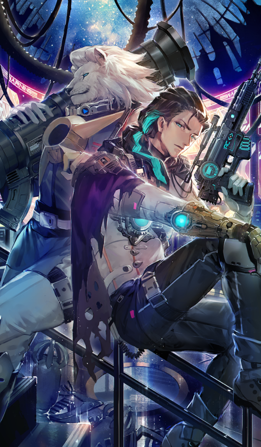 2boys animal_head aqua_eyes aqua_hair aqua_streaks armor armored_boots black_boots black_hair black_pants blue_eyes boots buckle cape closed_mouth commentary fate/grand_order fate_(series) foot_up gauntlets gloves glowing gun hair_slicked_back hand_on_own_knee head_tilt holding holding_weapon leaning_back lion_boy long_hair long_sleeves looking_at_viewer male_focus mebaru multicolored_hair multiple_boys nikola_tesla_(fate) nikola_tesla_(planet_rock)_(fate) official_art on_railing pants purple_cape railing science_fiction shirt single_gauntlet sitting sky solid_eyes star_(sky) starry_sky streaked_hair third-party_source thomas_edison_(fate) thomas_edison_(planet_rock)_(fate) torn_cape torn_clothes two-tone_hair weapon weapon_request white_fur white_gloves white_hair white_pants white_shirt