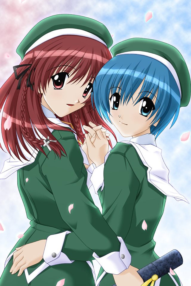 2000s_(style) aqua_eyes aqua_hair archived_source beret black_ribbon braid buttoned_cuffs buttons cherry_blossoms closed_mouth collar collared_jacket cowboy_shot cross cross_hair_ornament diploma falling_petals fingernails gradient_background graduation green_hat green_jacket green_skirt green_sleeves hair_ornament hair_ribbon hat holding holding_diploma holding_hands jacket kindle_imagine_develop kodaka_mao latin_cross long_hair long_sleeves looking_at_viewer low-braided_long_hair low-tied_long_hair matsuo_yukihiro neck_ribbon official_art open_mouth petals pink_petals pink_ribbon red_eyes red_hair ribbon sailor_collar school_uniform second-party_source short_hair skirt sleeve_cuffs smile spring_(season) tentama tentama:_1st_sunny_side turtleneck twin_braids white_collar white_sailor_collar white_sleeve_cuffs white_trim yashiro_shizuka yoshizawa_hatsune