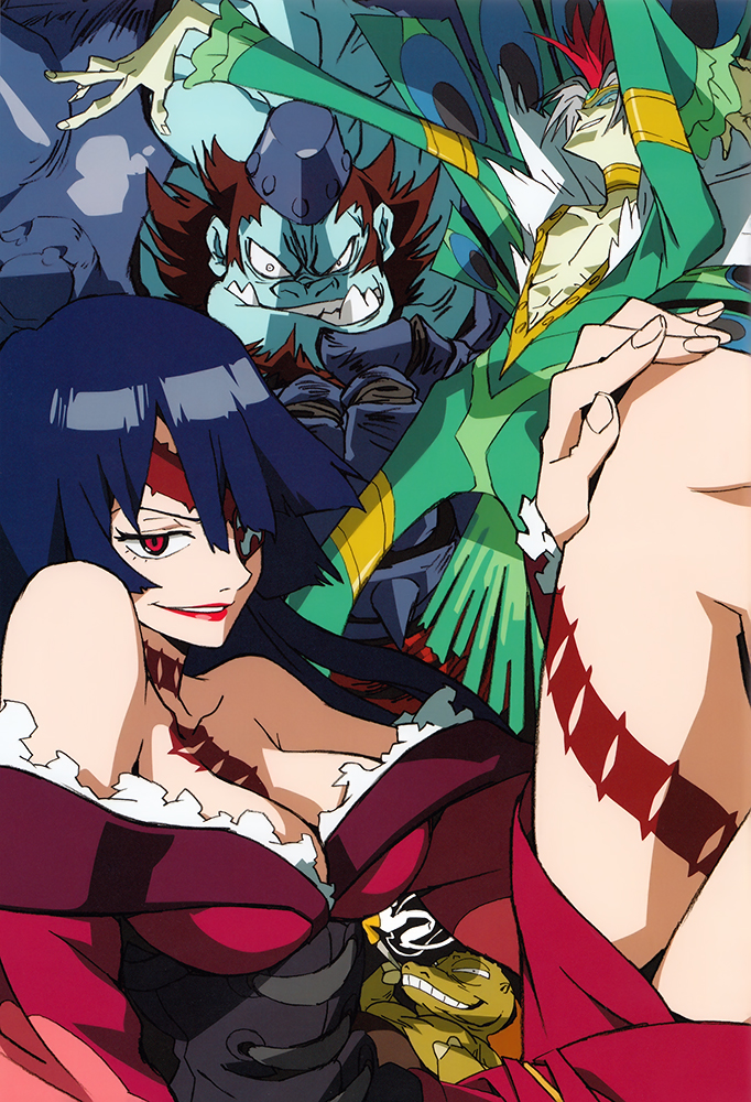 00s 1girl 3boys adiane breasts cleavage cytomander eyepatch guame imaishi_hiroyuki lipstick makeup multiple_boys official_art tattoo tengen_toppa_gurren_lagann thymilph