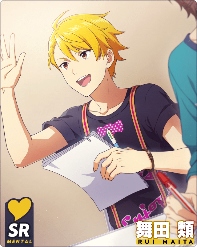 1boy ahoge bracelet brown_eyes card_(medium) character_name fingernails hand_up idolmaster idolmaster_side-m idolmaster_side-m_growing_stars jewelry maita_rui male_focus official_art palms short_sleeves suspenders teeth