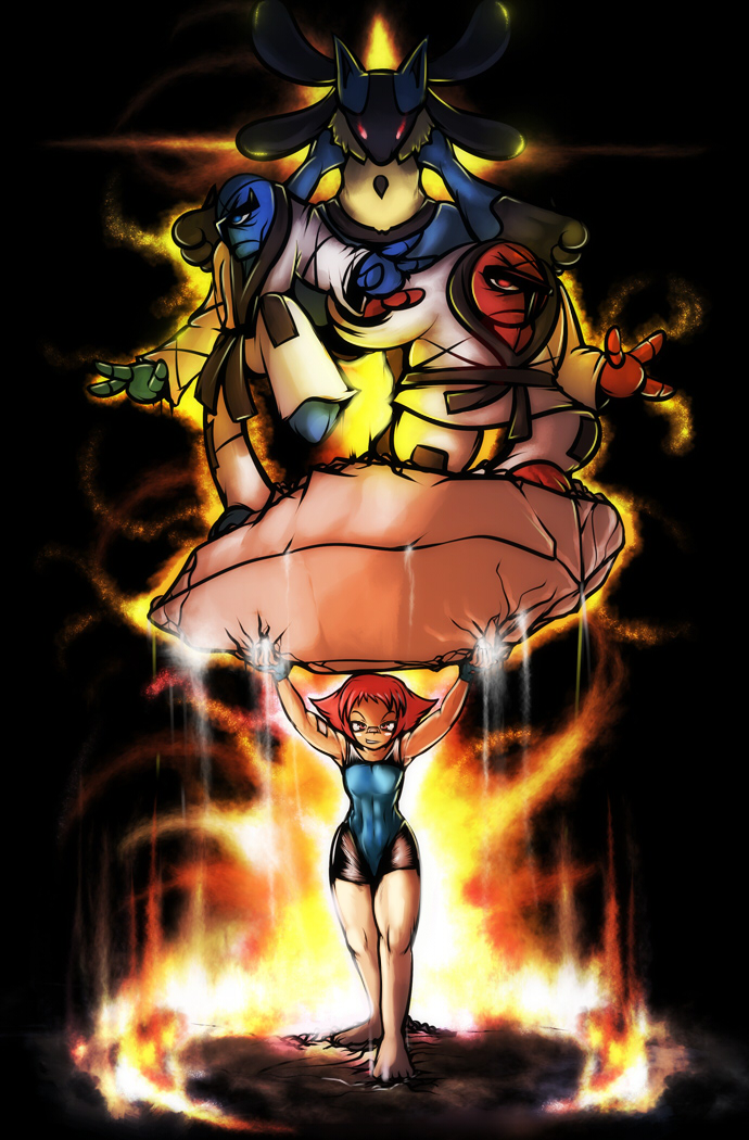 &gt;:) 00s 1girl abs bandages bandaid barefoot feet fingerless_gloves flat_chest gen_4_pokemon gen_5_pokemon gloves gym_leader legs lucario maylene_(pokemon) muscular nintendo pokemon pokemon_(creature) pokemon_dppt sawk short_hair thick_thighs thighs throh v-shaped_eyebrows yilx