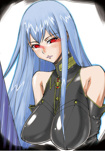 00s 1girl bare_shoulders breasts crossed_arms female_focus kinokoallstars long_hair military military_uniform red_eyes sega selvaria_bles senjou_no_valkyria senjou_no_valkyria_(series) senjou_no_valkyria_1 silver_hair skin_tight solo