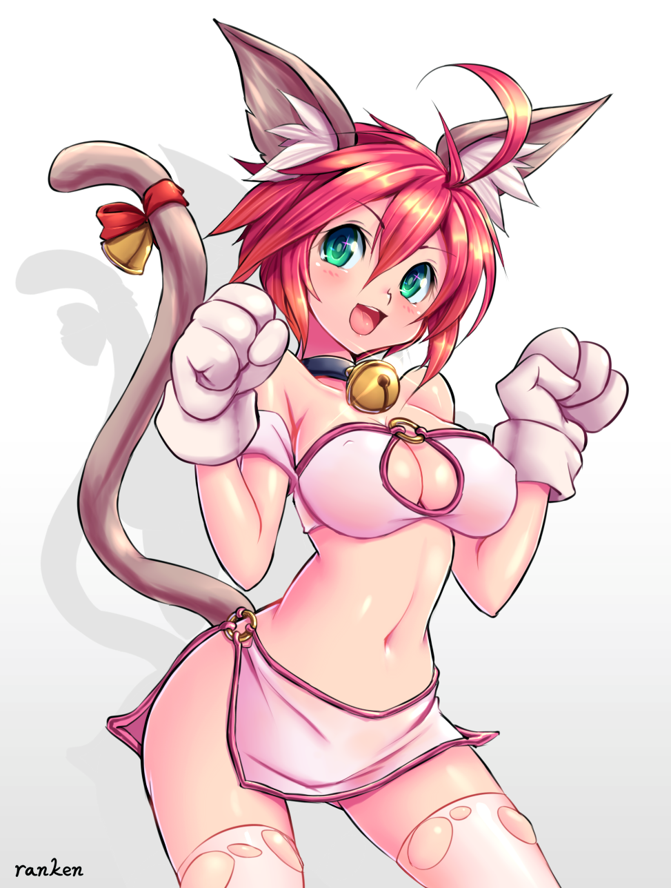 1girl :d ahoge animal_ears animal_hands artist_name bell black_neckwear bow breasts cat_ears cat_tail choker cleavage cleavage_cutout clothing_cutout commentary_request female_focus gloves green_eyes highres jingle_bell looking_at_viewer medium_breasts messy_hair midriff miniskirt navel o-ring open_mouth original paw_gloves paw_pose ranken red_bow red_hair shadow short_hair simple_background skirt smile solo tail tail_bell tail_bow tail_ornament thighhighs torn_clothes torn_thighhighs white_background white_gloves white_skirt white_thighhighs zettai_ryouiki