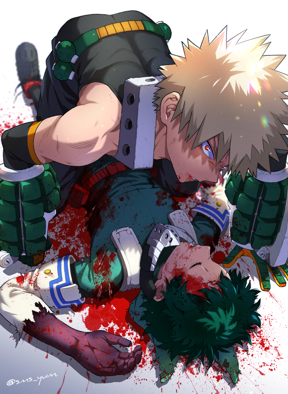 2boys all_fours angry arm_support arm_up bakugou_katsuki bare_shoulders belt between_legs black_pants black_sleeves black_tank_top bleeding blonde_hair blood blood_on_arm blood_on_clothes blood_on_face blood_on_gloves blood_on_ground blood_on_hands blood_splatter blurry blurry_background bodysuit boku_no_hero_academia bruise buckle closed_eyes cross-laced_footwear curly_hair cuts depth_of_field detached_sleeves explosive eye_trail eyelashes freckles full_body glaring green_bodysuit green_hair grenade headgear highres injury lens_flare light_particles light_trail looking_at_viewer lying male_focus midoriya_izuku misu_(ms.) multiple_boys on_back pants parted_lips red_belt red_eyes sanpaku scrape shadow short_hair sleeping sleeveless slit_pupils snap-fit_buckle spiked_hair tank_top torn_bodysuit torn_clothes torn_sleeves twitter_username unconscious utility_belt yukadon