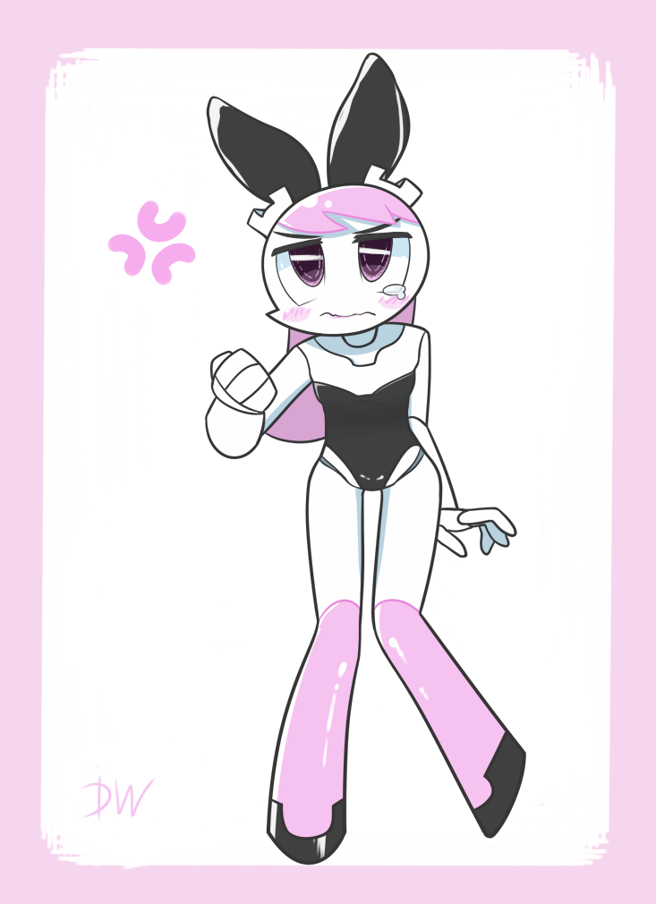 android animal_ears black_leotard colored_skin dishwasher9 humanoid_robot jenny_wakeman joints leotard my_life_as_a_teenage_robot nickelodeon pink_eyes pink_hair playboy_bunny rabbit_ears robot robot_girl robot_joints white_skin