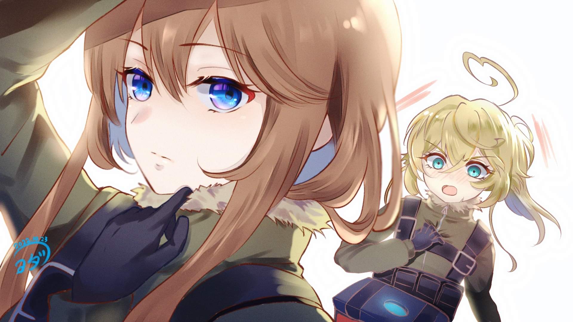 2girls ahoge arm_up belt black_belt black_gloves blonde_hair blue_eyes blue_hair blush brown_hair closed_mouth colored_inner_hair dated floating_hair fur_trim gloves green_jumpsuit hair_between_eyes hand_on_own_chest hand_up high_ponytail highres huge_ahoge jumpsuit long_hair looking_at_another looking_at_viewer lovestruck military_uniform multicolored_hair multiple_girls open_mouth ponytail sidelocks signature simple_background suitcase tanya_degurechaff upper_body v-shaped_eyebrows viktoriya_ivanovna_serebryakov white_background youda_(seravichacha) youjo_senki yuri zipper
