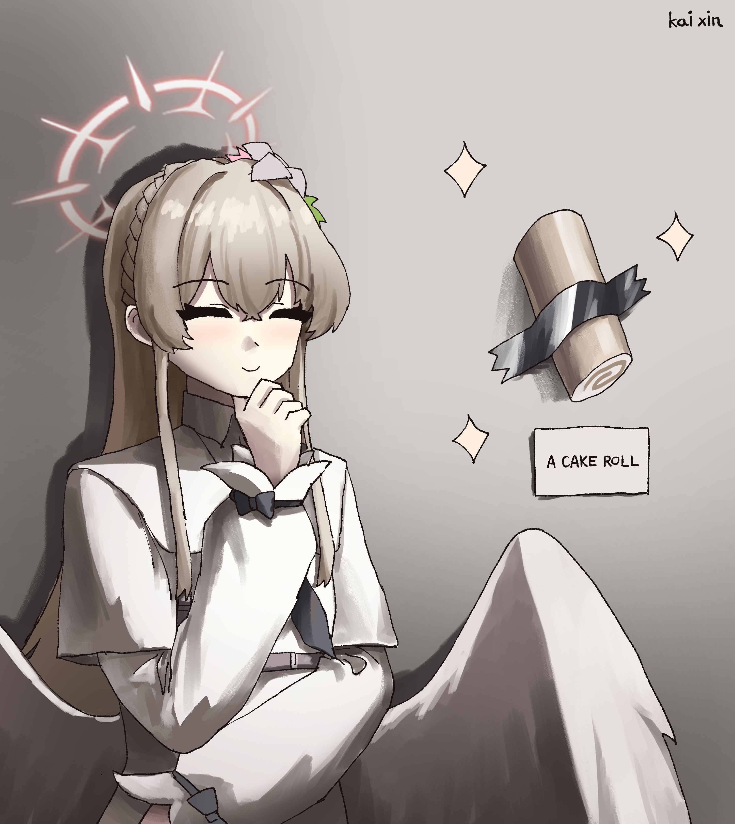 1girl absurdres angel_wings artist_name blue_archive brown_hair cake closed_eyes closed_mouth comedian_(artwork) dress feathered_wings flower food hair_flower hair_ornament halo highres kai_xin long_hair long_sleeves nagisa_(blue_archive) short_hair solo swiss_roll upper_body white_dress white_wings wings