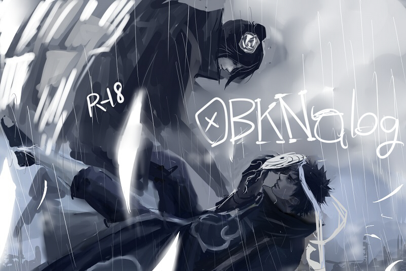 1boy 1girl akatsuki_uniform flower gloves hair_bun hair_flower hair_ornament harakara12 konan_(naruto) looking_at_another mask naruto_(series) naruto_shippuuden paper rain short_hair smirk uchiha_obito wings