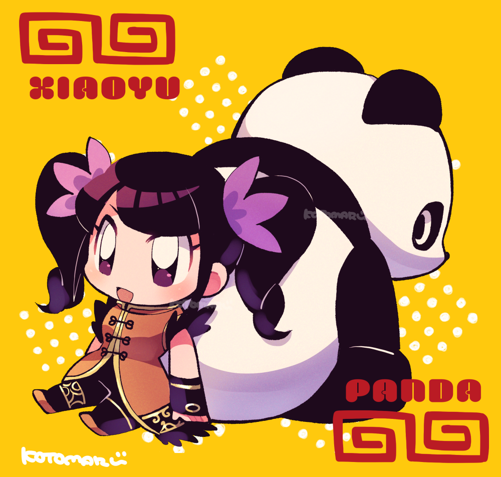 1girl animal arms_at_sides black_pants blush character_name chibi chinese_clothes kotorai ling_xiaoyu looking_back no_nose open_mouth orange_background orange_shirt orange_shoes panda panda_(tekken) pants purple_eyes purple_ribbon ribbon shirt shoes signature tekken twintails