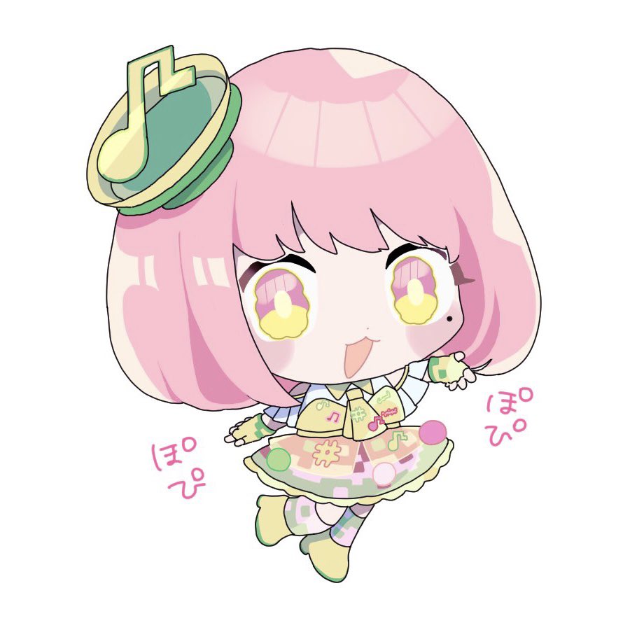 1girl bare_shoulders belt blue_eyes chibi commentary fingerless_gloves gloves hair_ornament hat kamen_rider kamen_rider_ex-aid_(series) looking_at_viewer musical_note necktie open_mouth pink_hair poppi_pipopapo red_eyes short_hair smile socks solo tanikomotimoti white_background