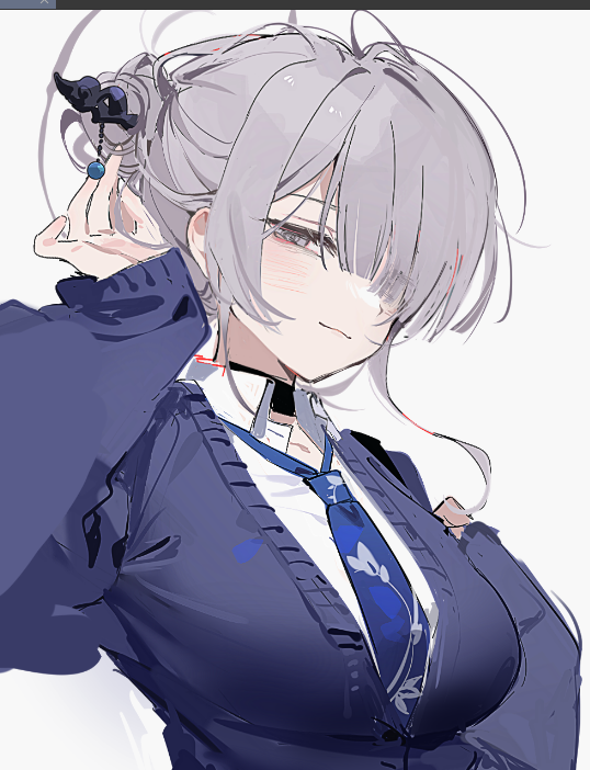 1girl arin_(fanfan013) art_program_in_frame black_choker blue_cardigan blue_necktie blush breasts cardigan chinese_commentary choker closed_mouth collared_shirt commentary_request grey_eyes grey_hair hair_ornament hair_over_one_eye hair_stick hands_up itokonoue_kaoru large_breasts light_smile looking_at_viewer necktie one_eye_covered project_kv school_uniform shirt simple_background sketch solo three_quarter_view updo upper_body white_background white_shirt