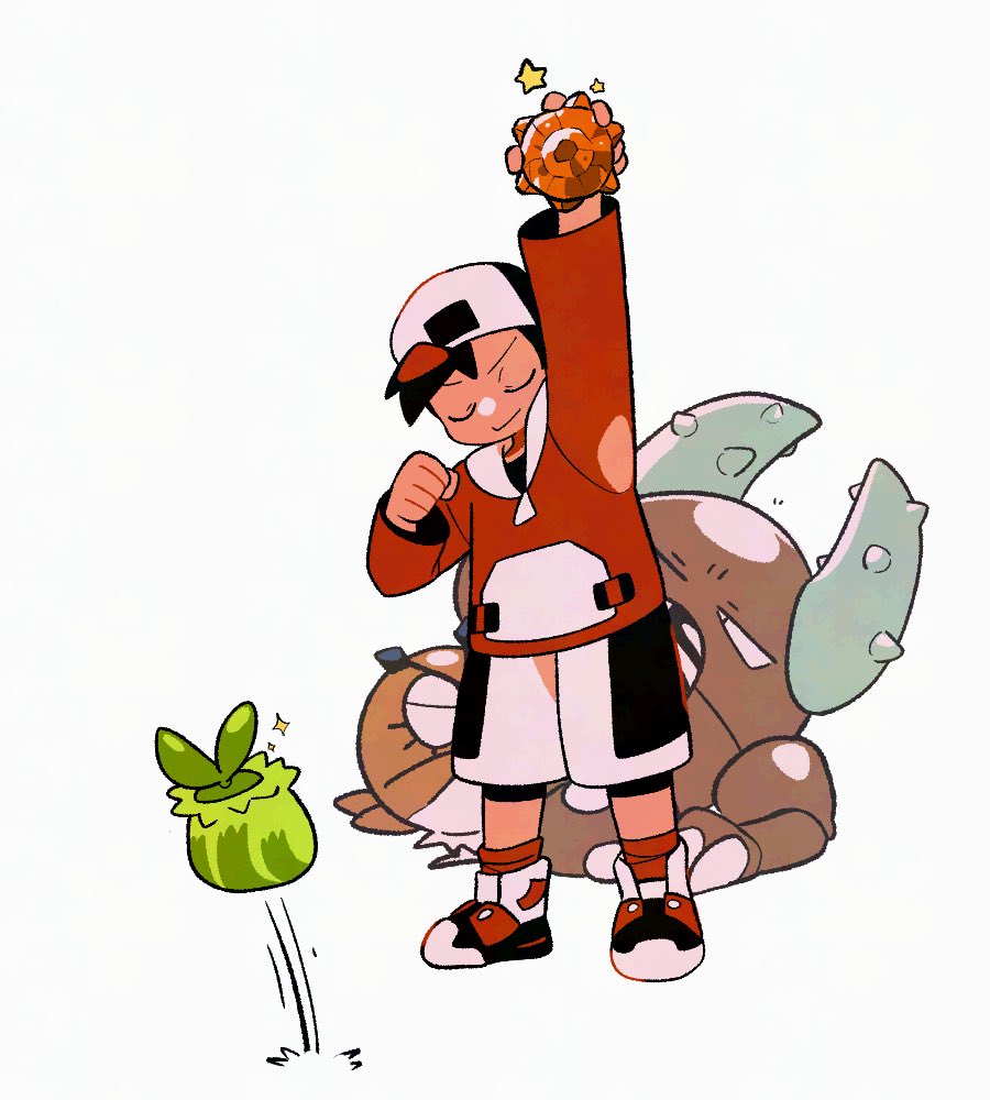1boy arm_up clenched_hand closed_eyes closed_mouth commentary ethan_(pokemon) evolution_stone gen_1_pokemon gen_2_pokemon hat holding hoothoot jacket long_sleeves male_focus motion_lines nintendo pinsir pokemon pokemon_(creature) pokemon_gsc red_socks shirt shoes short_hair shorts smile socks sparkle star_(symbol) sun_stone_(pokemon) sunkern symbol-only_commentary tyako_089 white_background