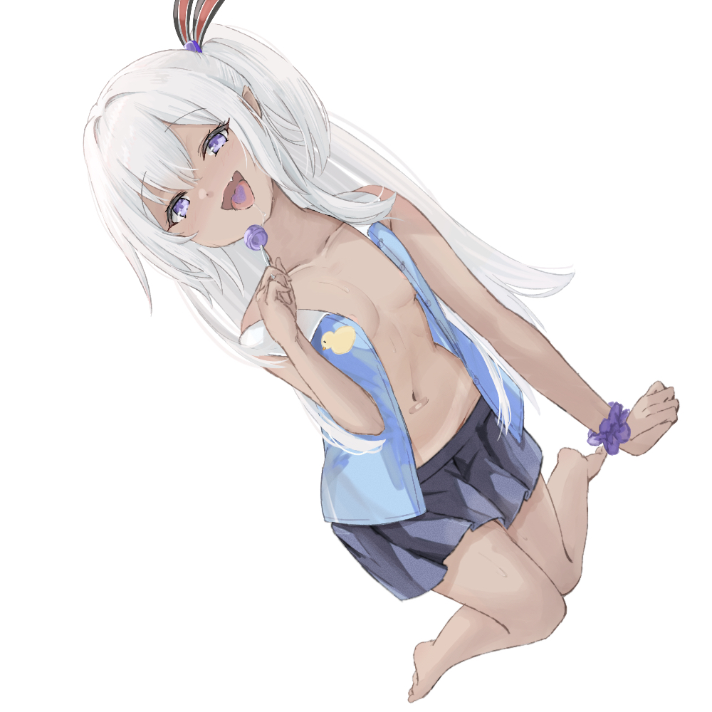 1girl areola_slip azur_lane bandaid_on_stomach bare_shoulders black_skirt blue_skirt blue_vest blush breasts candy dark-skinned_female dark_skin food full_body groin hair_between_eyes hair_ribbon hand_up holding holding_candy holding_food holding_lollipop kneeling knees_together_feet_apart leaning_forward lollipop long_hair looking_at_viewer looking_up miniskirt mumei_shumi naughty_face navel no_bra no_panties open_clothes open_vest pleated_skirt purple_eyes ribbon side_ponytail skirt small_breasts smug solo striped_ribbon tan tanline u-31_(azur_lane) u-31_(let&#039;s_go_home)_(azur_lane) very_long_hair vest white_hair
