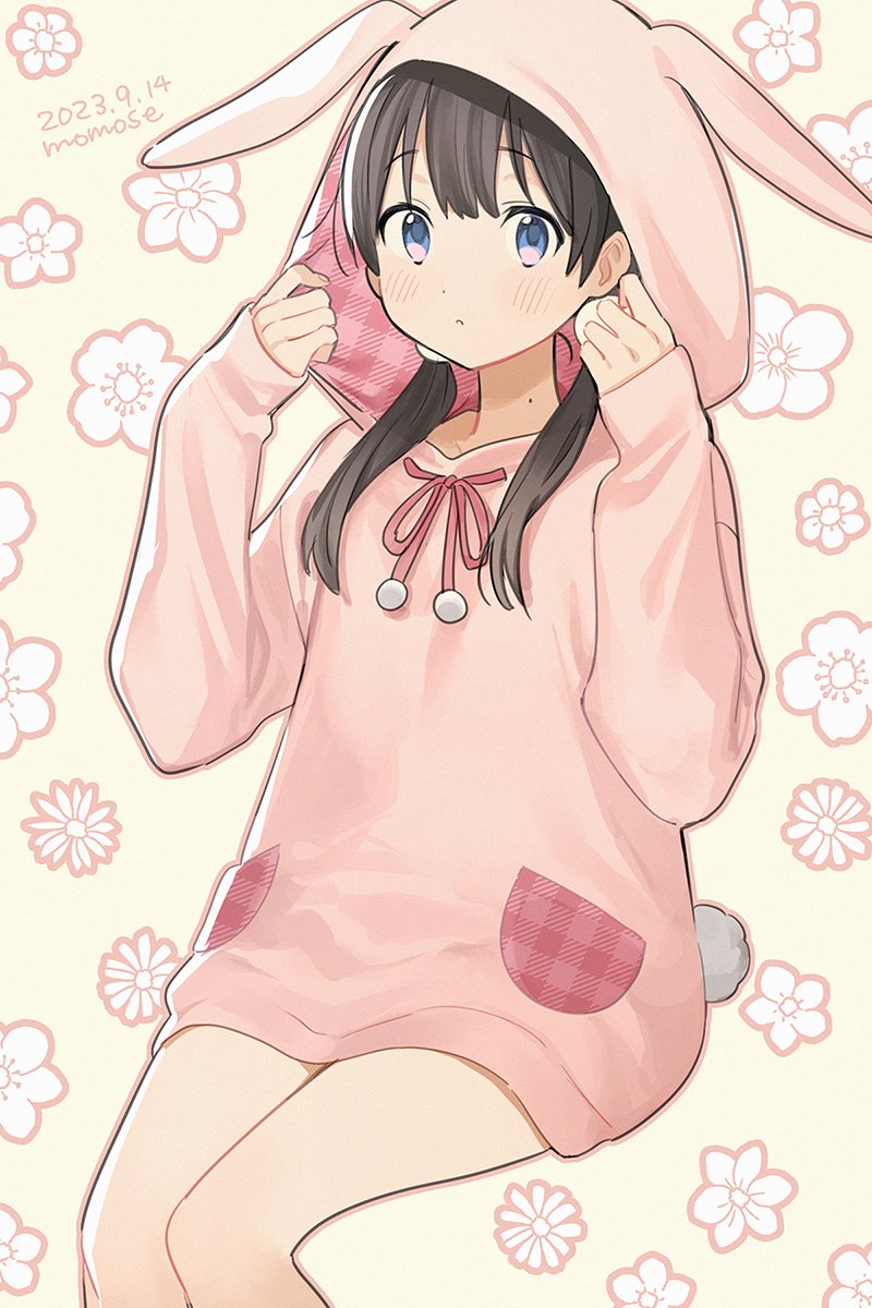 1girl animal_hood artist_name black_hair blue_eyes dated expressionless floral_background highres hood hood_up hoodie kitashirakawa_tamako long_sleeves looking_at_viewer momose_(oqo) onesie pink_background pink_hoodie rabbit_hood solo tamako_market