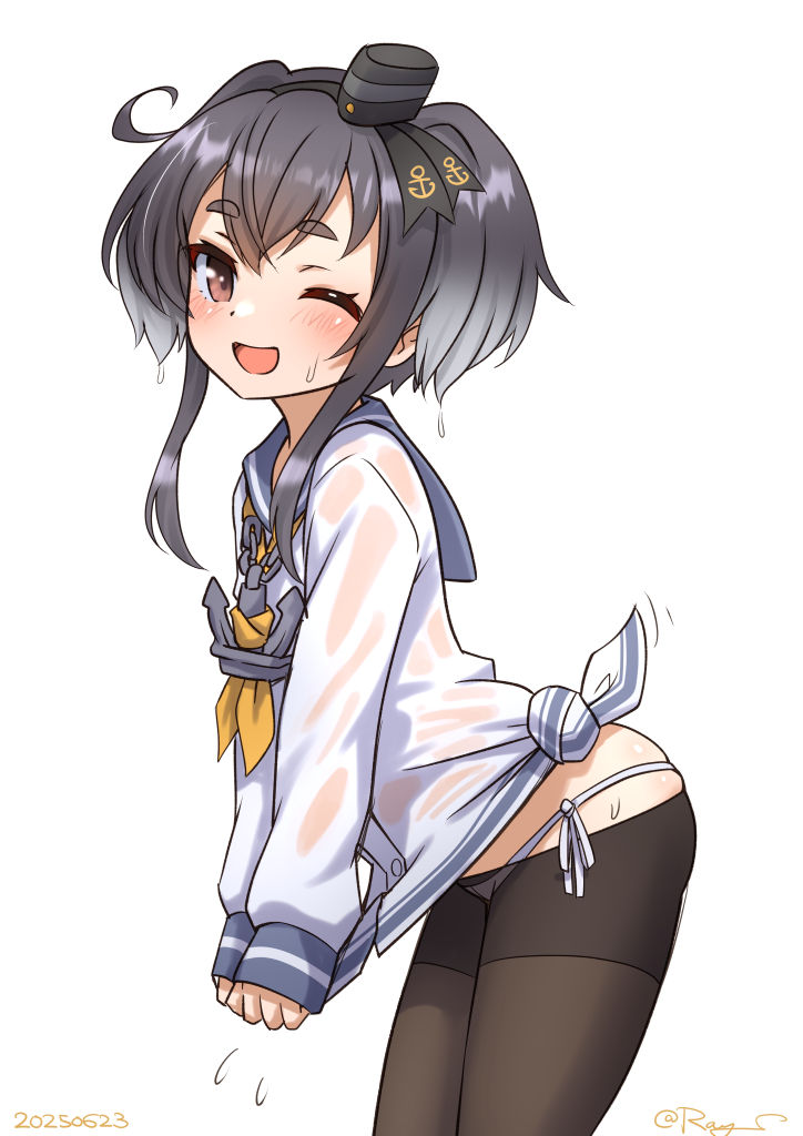 1girl anchor anchor_necklace anchor_symbol black_hair blue_sailor_collar blush brown_eyes cowboy_shot dated gradient_hair grey_hair hairband hat jewelry kantai_collection long_shirt long_sleeves lowleg lowleg_pantyhose mini_hat multicolored_hair neckerchief necklace no_pants one_eye_closed open_mouth panties panties_under_pantyhose pantyhose ray.s sailor_collar seamed_legwear shirt short_hair short_hair_with_long_locks smile smokestack_hair_ornament solo tied_shirt tokitsukaze_(kancolle) underwear wet wet_clothes wet_shirt white_background white_panties yellow_neckerchief