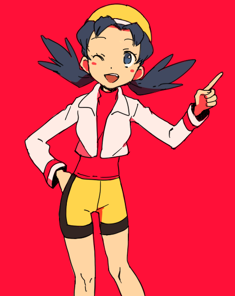 1990s_(style) 1girl ;) bare_legs bike_shorts blue_hair hat kris_(pokemon) nintendo ochappa one_eye_closed pink_background pokemon pokemon_gsc retro_artstyle smile twintails wink