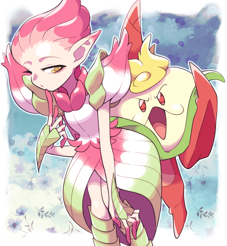 2boys androgynous blonde_hair breath_of_fire breath_of_fire_ii breath_of_fire_iii dress flower long_fingers looking_at_viewer minashirazu monster_boy multiple_boys no_pupils open_mouth peco_(breath_of_fire) pink_hair plant_boy pointy_ears spar