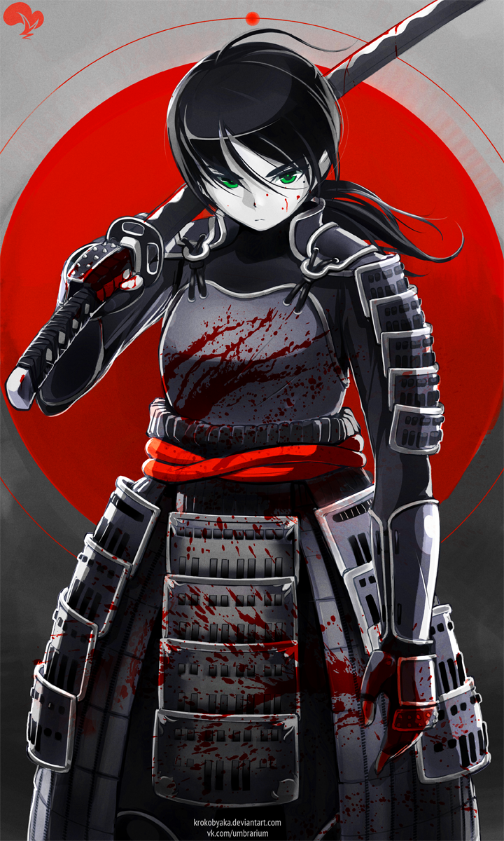 1girl armor black_hair blood blood_splatter bloody_weapon dou faulds female_focus gauntlets green_eyes highres huge_weapon japanese_armor katana krokobyaka long_hair original over_shoulder pale_skin pauldrons ponytail samurai serious shoulder_armor solo sword sword_over_shoulder watermark weapon weapon_over_shoulder web_address