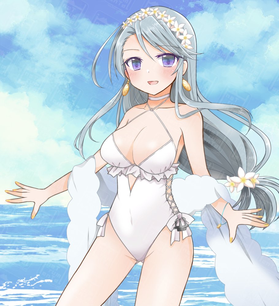 1girl asymmetrical_bangs blue_sky casual_one-piece_swimsuit choker cloud commentary_request commission contrapposto criss-cross_halter day flower frilled_one-piece_swimsuit frills grey_hair hair_flower hair_ornament hairband halterneck highleg highleg_one-piece_swimsuit horizon inscco kantai_collection long_hair ocean official_alternate_costume one-piece_swimsuit outdoors purple_eyes sagiri_(kancolle) sagiri_(swimsuit)_(kancolle) shawl side-tie_swimsuit skeb_commission sky smile solo swept_bangs swimsuit white_choker white_one-piece_swimsuit white_shawl