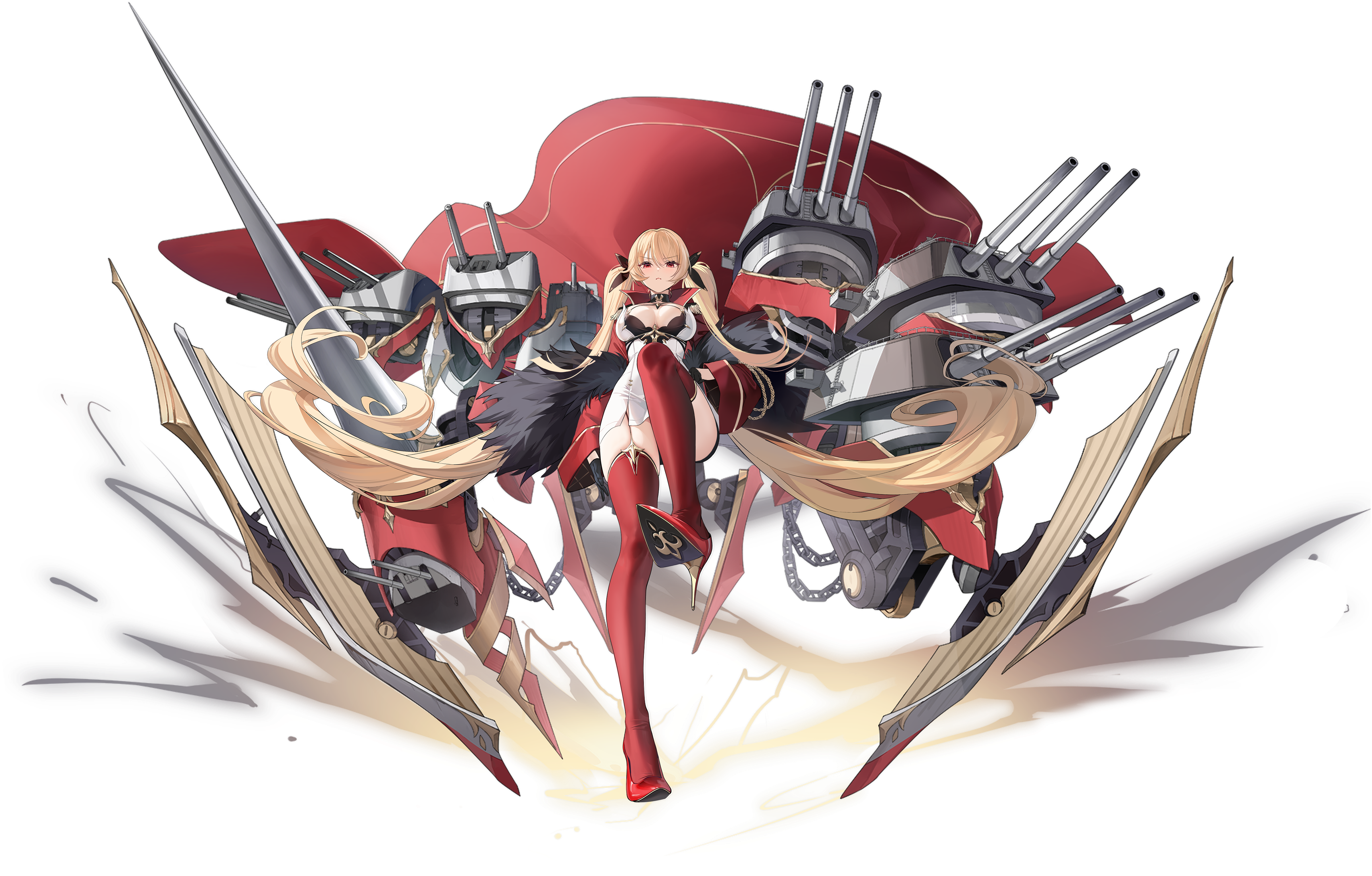 1girl :o absurdly_long_hair absurdres azur_lane black_bra black_gloves blonde_hair bra breasts brooch cannon cape center_opening chain coat dress multiple_expressions full_body fur-trimmed_jacket fur_trim garter_straps gloves high_heels highres jacket jewelry large_breasts leg_up long_hair long_sleeves looking_at_viewer nelson_(azur_lane) nelson_(retrofit)_(azur_lane) non-web_source official_art one_eye_closed open_clothes open_coat red_cape red_eyes red_footwear red_jacket red_thighhighs retrofit_(azur_lane) rigging solo stiletto_heels thighhighs twintails underwear very_long_hair white_dress wide_sleeves