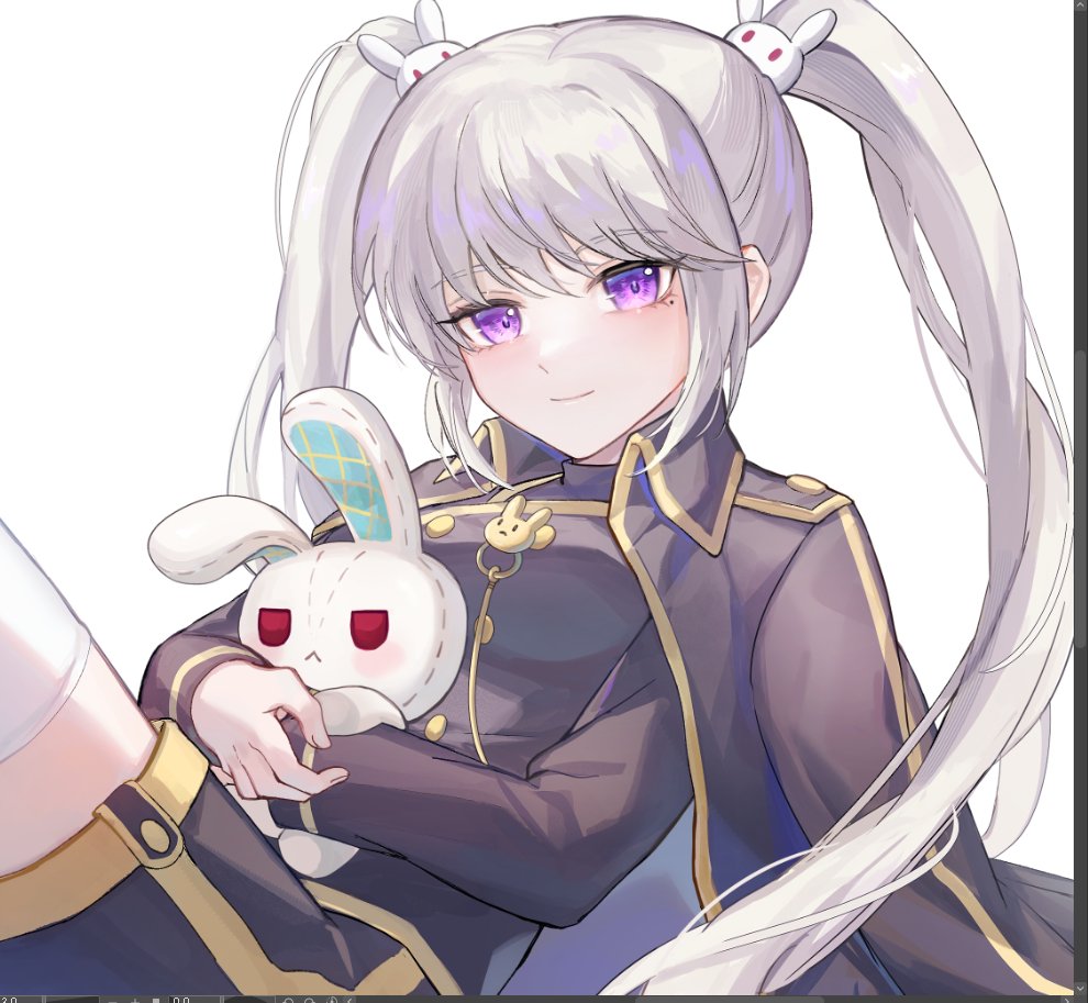 1girl breasts buttons cape double-breasted grey_hair hair_ornament hashtag-only_commentary hugging_doll hugging_object kaedetou long_hair long_sleeves looking_at_viewer maplestory mole mole_under_eye orchid_(maplestory) purple_eyes rabbit_hair_ornament sidelocks simple_background smile solo stuffed_animal stuffed_rabbit stuffed_toy twintails white_background