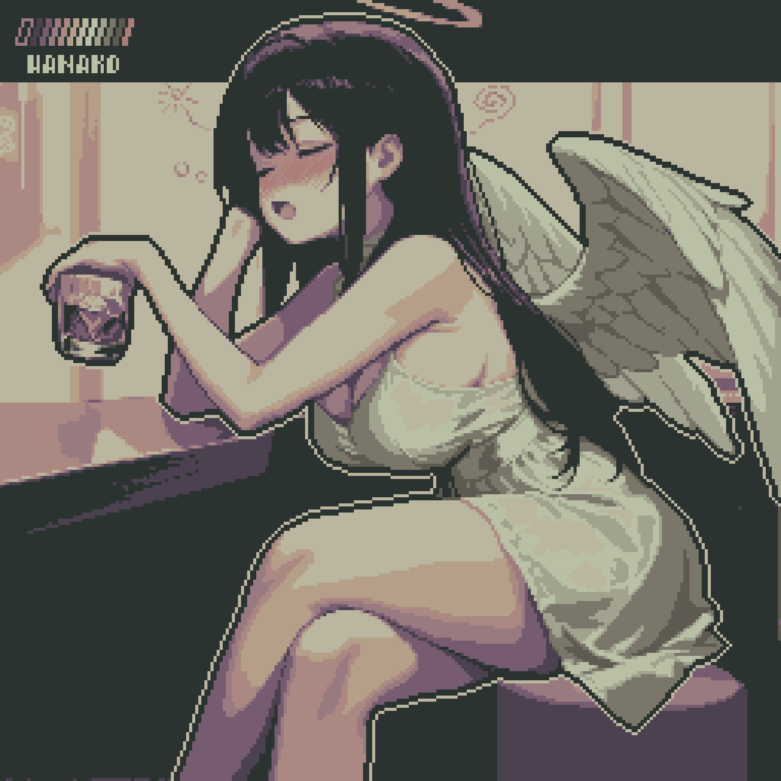 1girl angel angel_wings bar_(place) bare_legs bare_shoulders black_hair blush breasts cleavage closed_eyes crossed_legs cup dress drunk from_side hair_between_eyes halo hand_on_own_chest highres holding holding_cup large_breasts long_hair open_mouth original pixel_art short_dress sideboob sidelocks sitting solo specialhanako sundress thighs whisky_glass white_dress white_wings wings