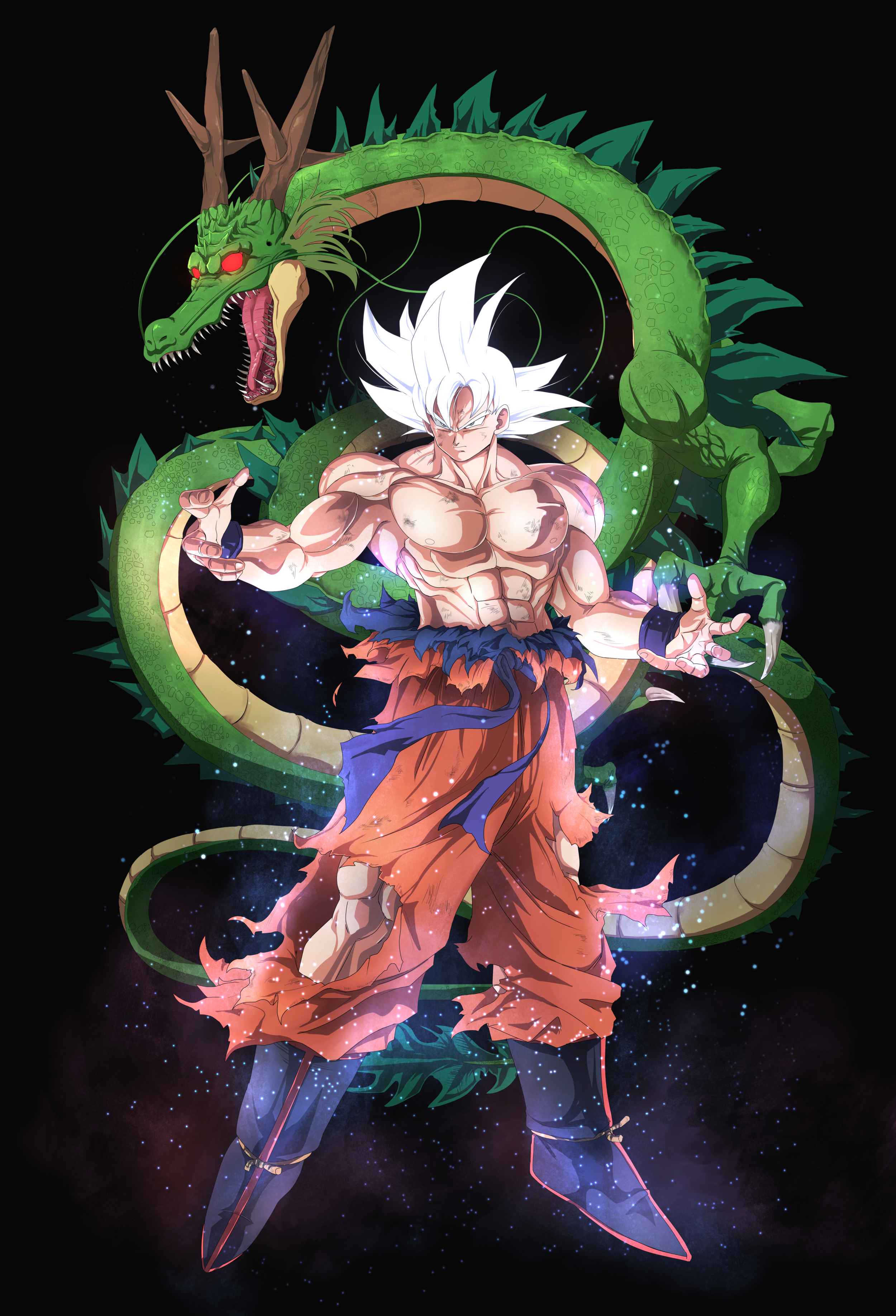 10s absurdres dragon dragon_ball dragon_ball_super greymon_(nodoame1215) highres muscular pectorals saiyan shenron son_goku spiked_hair topless_male torn_clothes ultra_instinct white_hair