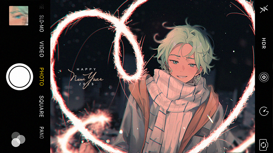 1boy :d blue_coat coat cove_holden english_text fake_phone fake_photograph fireworks glowing green_eyes green_hair grin happy_new_year heart light_particles looking_at_viewer male_focus neon_lights new_year night open_mouth our_life our_life:_beginnings_and_always ryuuieu scarf sky smile solo sparkler star_(sky) starry_sky swept_bangs upper_body white_scarf