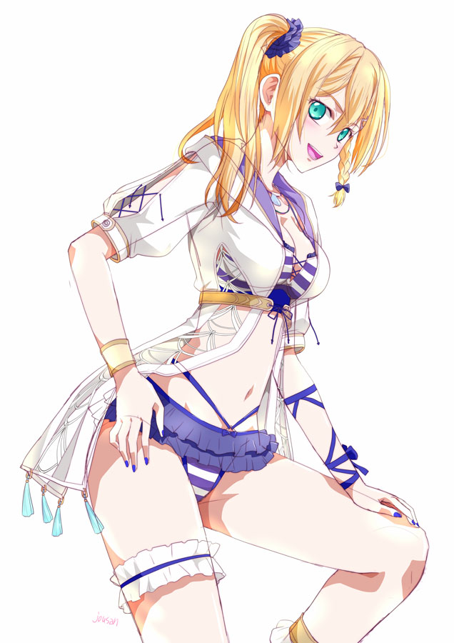 1girl artist_name bikini blonde_hair braid breasts cleavage double-parted_bangs green_eyes hair_between_eyes jewelry karja_balta long_hair looking_at_viewer medium_breasts nail_polish navel open_mouth pendant short_sleeves side_braid side_ponytail simple_background smile solo striped_bikini striped_clothes swimsuit white_background xiacheng_tatsuya ys ys_x:_nordics
