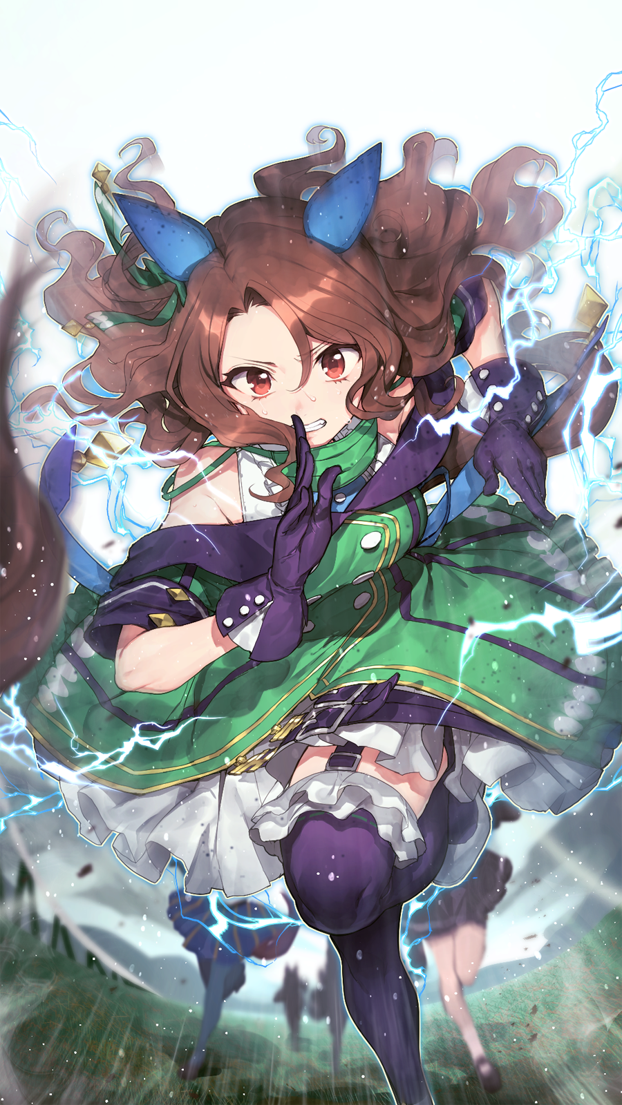 5girls animal_ears brown_hair clenched_teeth commentary_request dress garter_belt gloves green_dress hair_between_eyes highres hitoto horse_ears horse_girl horse_tail king_halo_(umamusume) long_hair looking_at_viewer multiple_girls purple_gloves purple_thighhighs red_eyes running solo_focus sweat tail teeth thighhighs umamusume