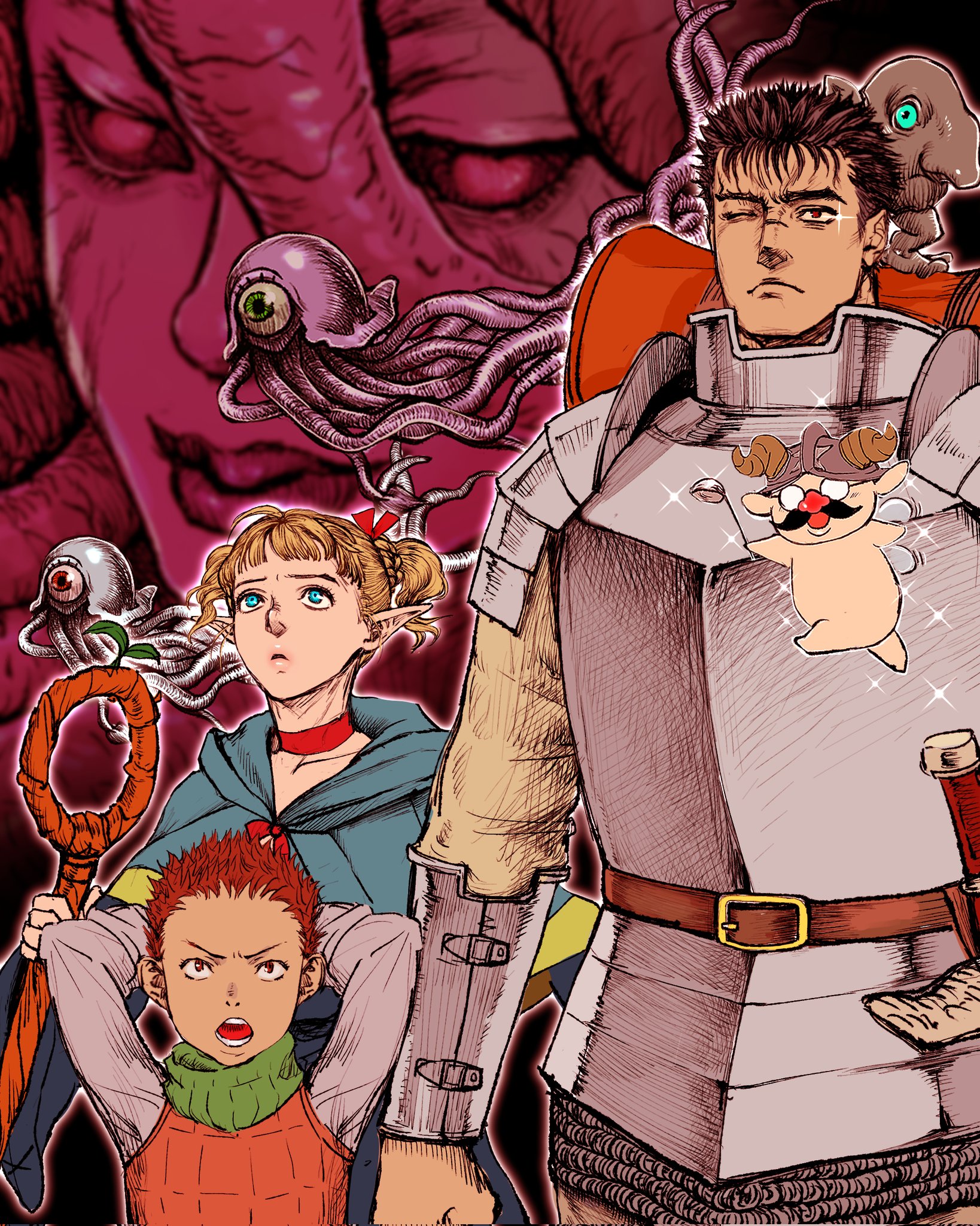 3boys armor berserk blonde_hair blue_eyes character_request chilchuck_tims closed_mouth cowboy_shot dungeon_meshi elf green_scarf guts_(berserk) hand_up helmet highres holding holding_staff laios_touden marcille_donato multiple_boys nisino2222 one_eye_closed open_mouth pointy_ears red_eyes scar scar_on_face scar_on_nose scarf senshi_(dungeon_meshi) short_hair sparkle staff upper_body