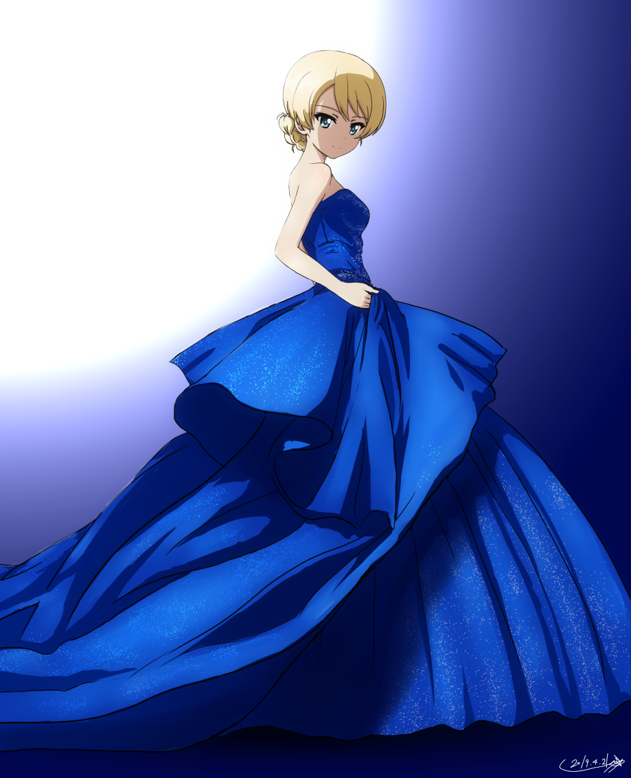 1girl artist_name bare_shoulders blonde_hair blue_background blue_dress blue_eyes braid bukkuri closed_mouth commentary_request darjeeling_(girls_und_panzer) dated dress dress_shirt female_focus formal_clothes from_side full_body girls_und_panzer gradient_background head_tilt layered_dress long_dress looking_at_viewer partial_commentary shirt short_hair signature smile solo standing strapless strapless_dress swept_bangs train_(clothing) white_background