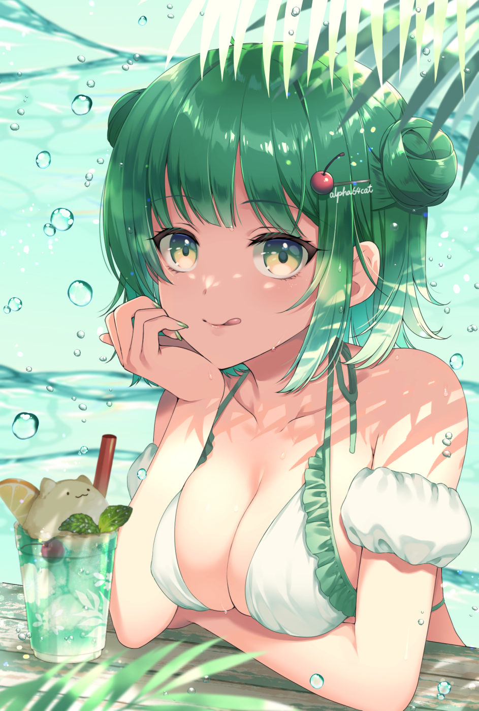 1girl :q alpha_(yukai_na_nakamatachi) bare_shoulders bikini breasts cleavage collarbone cup double_bun drinking_glass drinking_straw food frilled_bikini frilled_swimsuit frills fruit gradient_eyes green_eyes green_hair green_nails hair_bun hair_ornament hairclip head_rest highres large_breasts looking_at_viewer multicolored_bikini multicolored_eyes nail_polish original paid_reward_available short_hair sidelocks signature solo swimsuit tongue tongue_out two-tone_bikini two-tone_swimsuit underwater upper_body water_drop wet white_bikini yellow_eyes