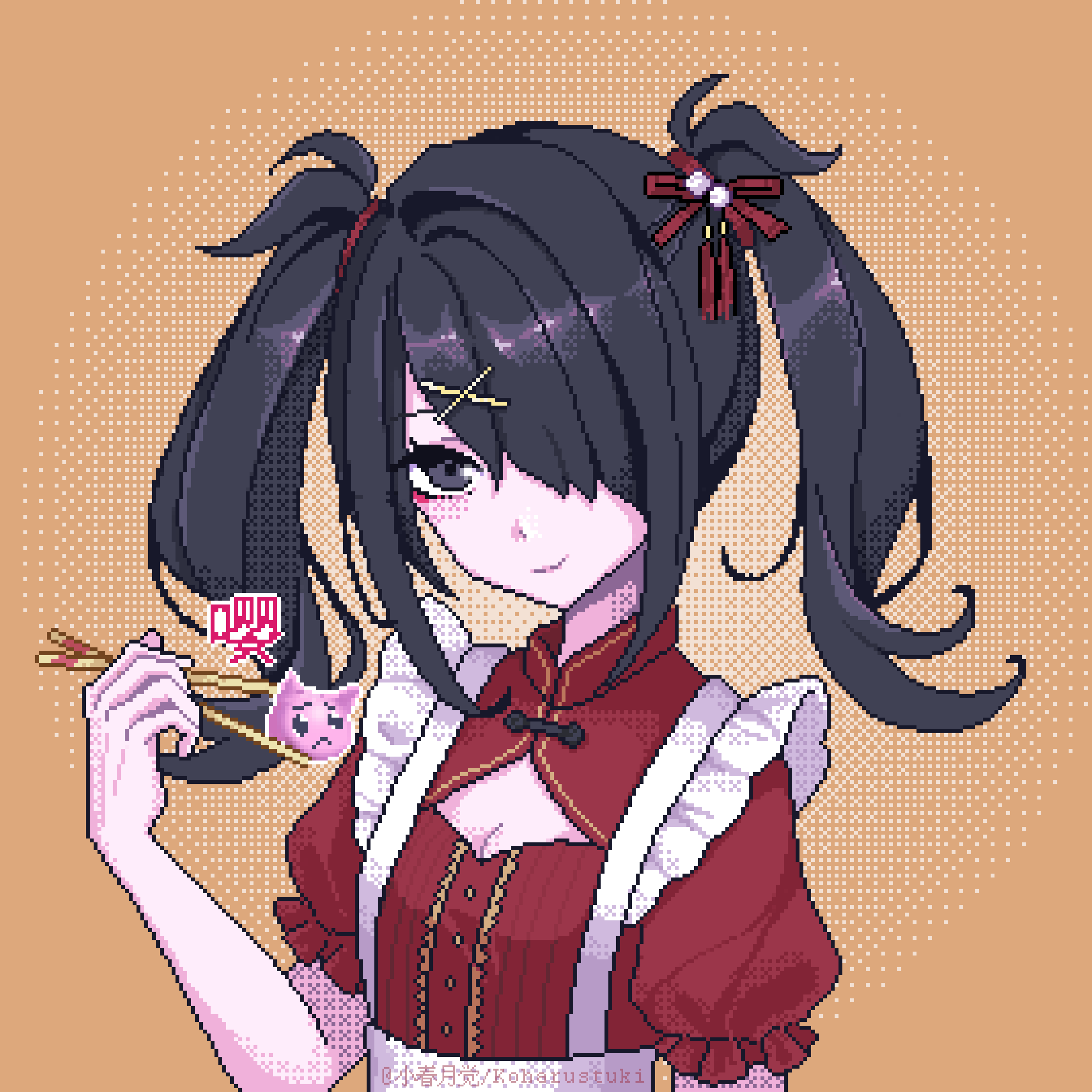 1girl absurdres ame-chan_(needy_girl_overdose) black_eyes black_hair breasts chinese_clothes cleavage cleavage_cutout clothing_cutout highres koharustuki long_hair mandarin_collar needy_girl_overdose pankou pien_cat_(needy_girl_overdose) pixel_art puffy_sleeves red_shirt shirt short_sleeves solo twintails upper_body