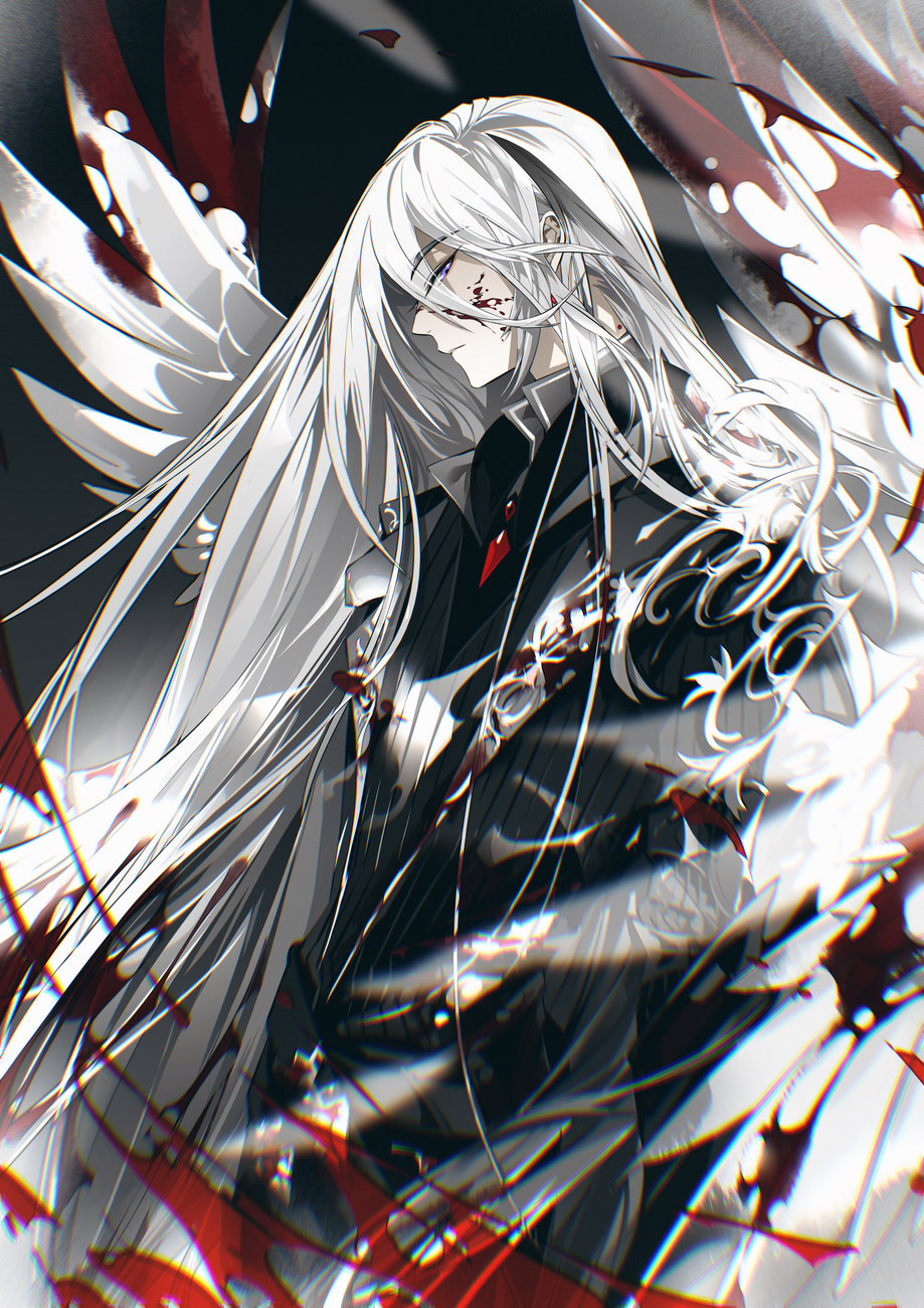 1boy alternate_color angel_wings arms_at_sides belt black_background black_belt black_gloves black_hair black_jacket black_pants black_shirt blood blood_on_clothes blood_on_face blood_splatter bloody_wings brooch cael_anselm chinese_commentary closed_mouth couter cowboy_shot earrings expressionless feathered_wings from_side gem gloves hair_between_eyes highres jacket jewelry lapels limited_palette long_bangs long_hair long_sleeves looking_at_viewer lovebrush_chronicles male_focus multicolored_hair multiple_wings pants pol popped_collar profile purple_eyes red_gemstone shirt shoulder_guard sideways_glance solo standing streaked_hair striped_clothes striped_jacket torn_clothes very_long_hair white_hair white_wings wings