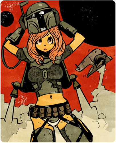 1girl boba_fett boba_fett_(cosplay) brown_hair cosplay female_focus helmet jetpack k2r kita_koutarou long_hair lowres midriff panties pink_hair science_fiction solo spacecraft star_wars underwear