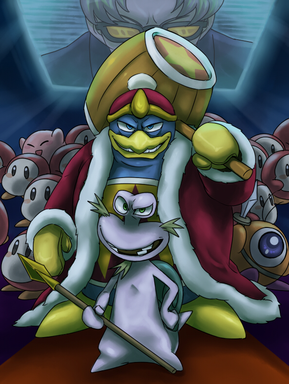 customer_service_(kirby) escargon hammer ichiban_shibori king_dedede kirby kirby_(series) monitor nintendo no_humans odd_one_out polearm spear sword waddle_dee waddle_doo weapon
