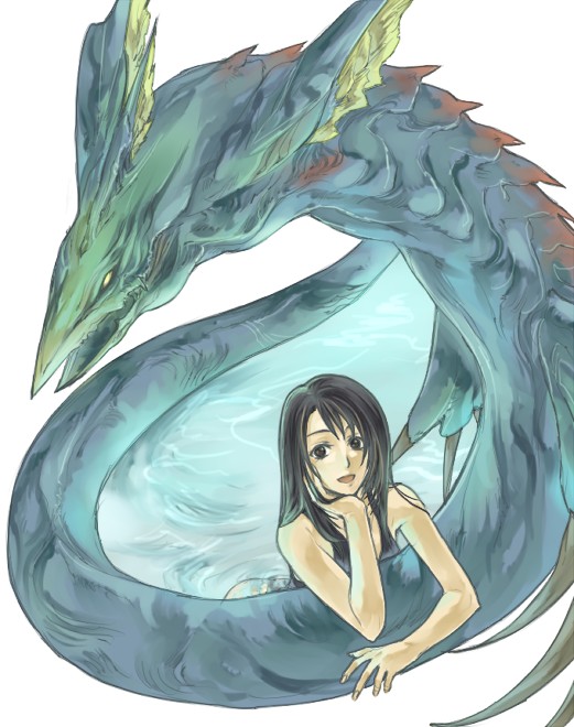1girl black_hair breasts final_fantasy final_fantasy_viii leviathan_(final_fantasy) long_hair looking_at_viewer open_mouth rinoa_heartilly smile