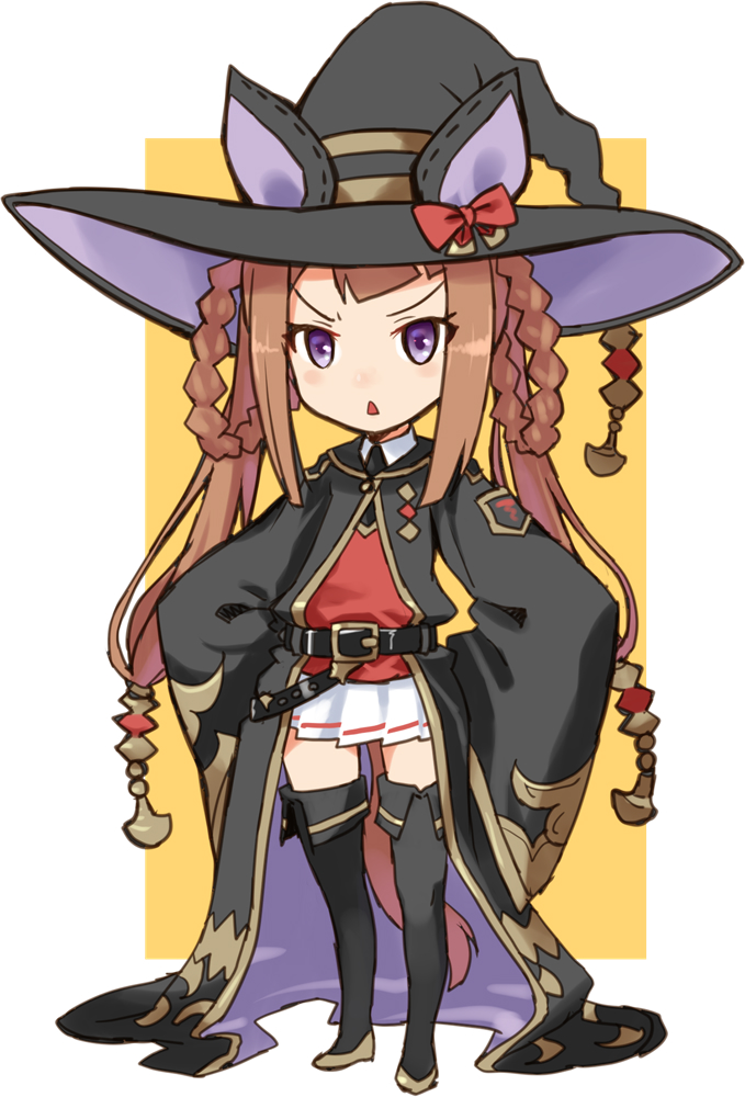 1girl :&lt; angry animal_ears belt black_belt black_boots black_cape boots border brown_hair buckle cape ear_covers full_body hair_rings hat horse_ears katahira_masashi long_hair long_sleeves looking_at_viewer pleated_skirt purple_eyes red_shirt shirt skirt sleeves_past_wrists solo standing sweep_tosho_(umamusume) thigh_boots triangle_mouth umamusume white_border white_skirt witch_hat yellow_background